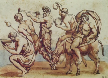 Bacchanal (pióro i atrament i brązowe pranie na papierze)